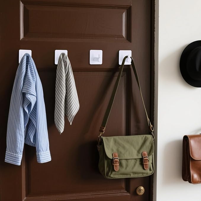 White Adhesive Towel Hooks Heavy Duty Stick on Wall Hooks Shower Hooks for Bathroom Kitchen Door-4 Packs