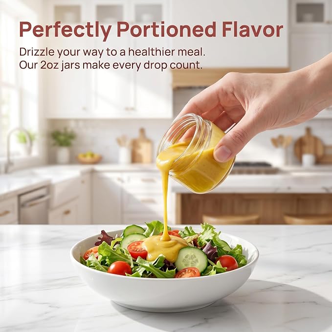 EONJOE 2 oz Glass Dressing Containers To Go Sauce Cups Mini Condiment Dip Jars with Lids Lunch Box Accessories,6-Pack