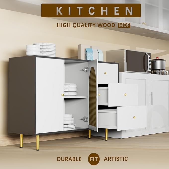 47 Inch Buffet Cabinet with Storage, Sideboard Entryway Cabinet, Buffet Table with Drawers and 2 Rattan Doors, Sideboard Coffee Bar Cabinets with Adjustable Shelf for Kitchen, Living Room