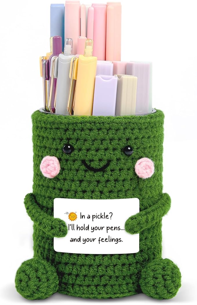 SKYDUE Crocheted Pen & Pencil Holder with Inspirational Card - Handmade Desk Organizer for Office, School, Home - Functional Desk Decor Pen Cup