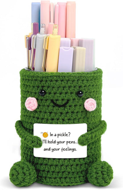 SKYDUE Crocheted Pen & Pencil Holder with Inspirational Card - Handmade Desk Organizer for Office, School, Home - Functional Desk Decor Pen Cup