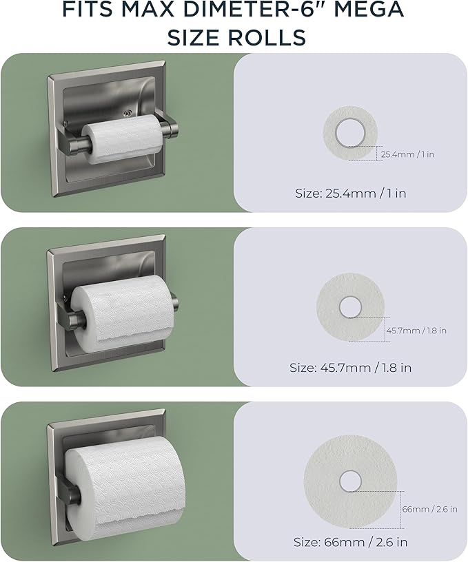 FORIOUS Recessed Toilet Paper Holder, Stainless Steel Durable Tissue Roll Holder Wall Mount for Bathroom Space Saving Design with Mounting Bracket, Wall Toilet Paper Dispenser Insert, Brushed Nickel