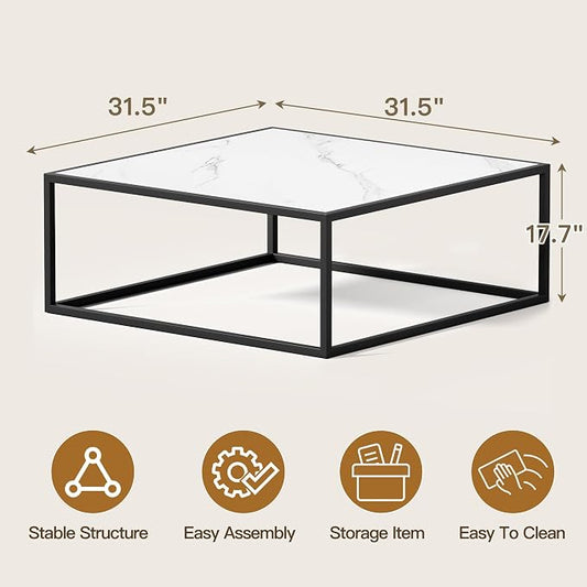 31.5" Square Coffee Table, Mid-Century Modern White Center Table for Living Room, Floor Table for Sitting on The Floor, Wood Cocktail Tea Contemporary Tables with Metal Frame for Office Apartment Home