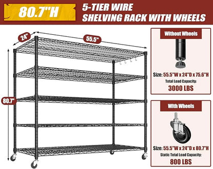 PrimeZone 5 Tier 80.7" Hx55.5 Wx24 D Wire Shelving with Wheels 3000lbs NSF Certified Storage Shelves Heavy Duty Metal Shelf Adjustable Rolling Rack Commercial Garage Restaurant Warehouse Kitchen 2Pcs