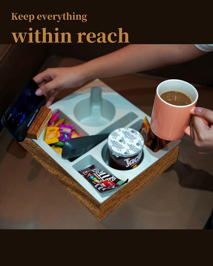 Couch Cup Holder Tray, Hitseon Soft Food Grade Silicone Acacia Wooden Couch Caddy for Bed Car Seat Beach Organizer, Anti-Spill Couch Drink Holder for Snacks Beverage Remote (Black, 11.5 * 10 * 3 in)