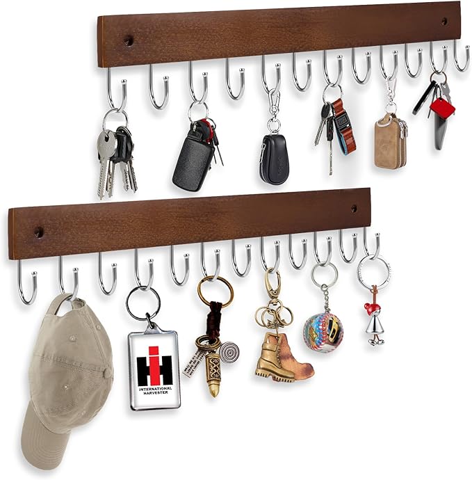 Key Hooks, Key Hooks for Wall Mounted with 12 Hooks, for Entryway, Bathroom, Hallway and Kitchen(Brown Color)(2Pack)