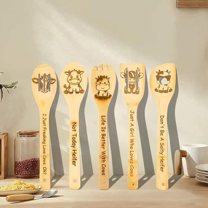 5PCS Cow Wooden Cooking Spoons Cow Gifts Cow Decor Cow Gifts for Women Cow Kitchen Decor Gifts for Cow Lovers Cow Stuff Party Favors Housewarming Wedding Cooking Bamboo Cooking Spoons