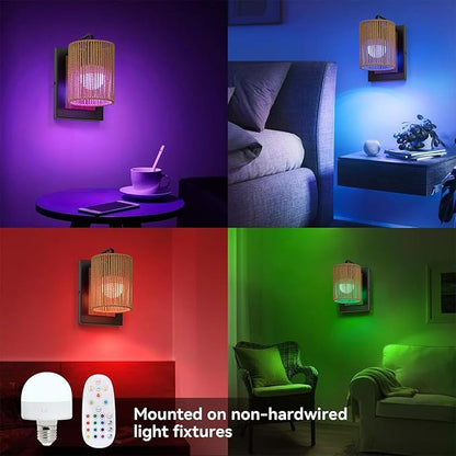 Battery Operated Wall Sconces Set of 2, Wireless Boho Rattan Wall Lights with Dimmable Bulbs, Remote & 12-Color RGB, Rechargeable Lamps for Bedroom, Living Room, Hallway Indoor Lighting