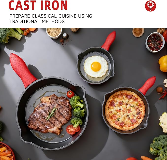 3 piece set, cookware set 6, 8, 10 Inches, for frying, saute, &more, easy use in the oven, stove, grill, or campfire, black, with silicone heat-resistant cover
