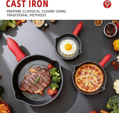 3 piece set, cookware set 6, 8, 10 Inches, for frying, saute, &more, easy use in the oven, stove, grill, or campfire, black, with silicone heat-resistant cover