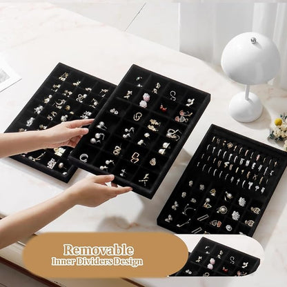 Large Velvet Jewelry Tray 2 Pack Stackable Jewelry Display Drawer Inserts Trays Organizer for Earring Bracelet Necklace Ring (Black, 12 Grids+24 Grids)