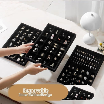 Large Velvet Jewelry Tray 2 Pack Stackable Jewelry Display Drawer Inserts Trays Organizer for Earring Bracelet Necklace Ring (Black, 24 Grids)