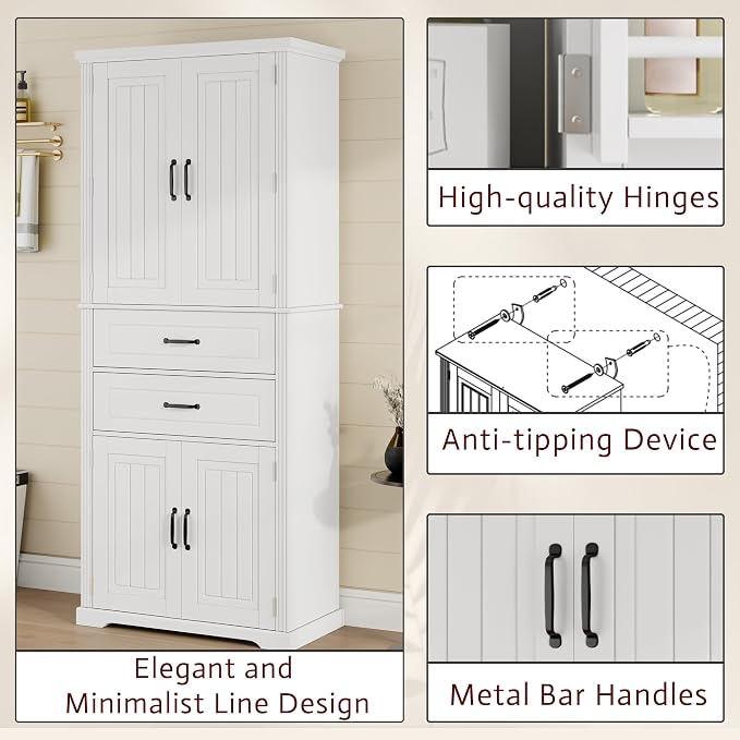 Storage Cabinet,Tall Freestanding Cabinet with Adjustable Shelf | Tall storage cabinet, 4-door design, 5+ shelves, upper door shelves, and 2 pull-out compartments for organized storage