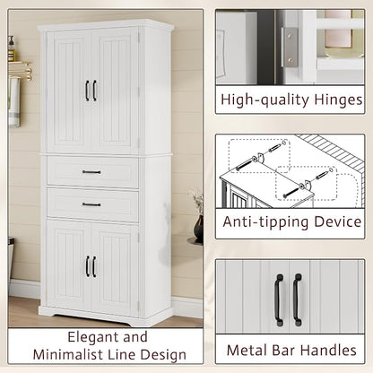 Storage Cabinet,Tall Freestanding Cabinet with Adjustable Shelf | Tall storage cabinet, 4-door design, 5+ shelves, upper door shelves, and 2 pull-out compartments for organized storage
