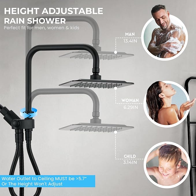 Ryamen Dual Shower Head Combo, 8'' High Pressure Rain Shower Head with Handheld Spray, 6+1 Spray Settings Handheld Showerhead, Height Adjustable, One-touch Pause Button, Matte Black