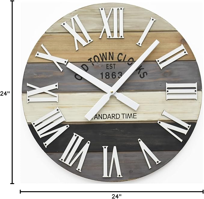 Oldtown Clocks 24" Wooden Multi-Color Maritime Coastal Beach Large Roman Wall Clock (Grey, 24 inch)