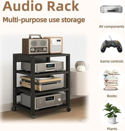 4 Tier AV Media Stand, Audio Rack Tower Stereo Components Cabinet, Home Theatre CD Record Player Stereo Receiver Equipment Rack with Adjustable Wood Shelves, Load 220lbs (Black)