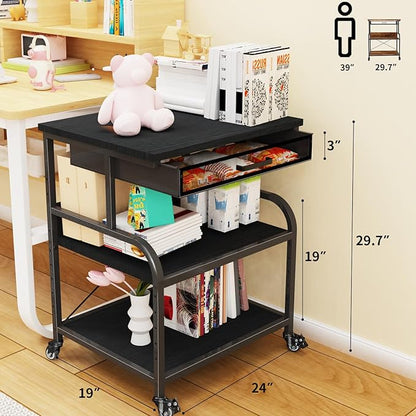 TFK 3-Tier Printer Stand with Drawer, Adjustable Shelf, Rolling Casters, 23.6 x 18.9 x 30 Inch Heavy Duty Printer Cart for Home Office, Large Printers, 3D Printers, Fax & Heat Press, Black