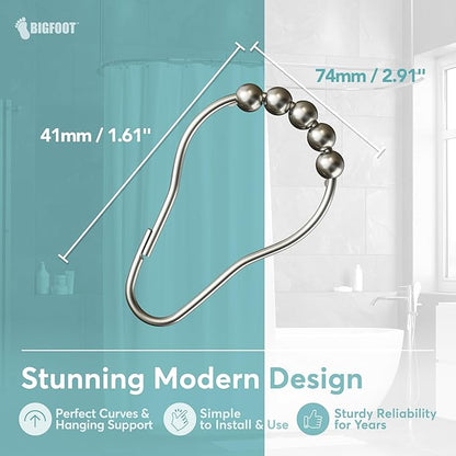 BigFoot Shower Curtain Hooks, Durable Stainless Steel, Rust Resistant, Easy Installation & Smooth Glide, Fits Standard Shower Rods, Metal Curtain Rings, 12 Pieces, Nickel Color