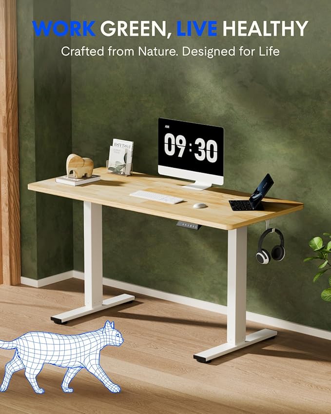 FLEXISPOT EN1 Solid Wooden One-Piece Standing Desk, 63 x 24 Inches Sit Stand Home Office Desks, Sustainable Sturdy and Stable (White Frame + Rubber Wood Top, 2 Packages)