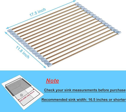 Seropy Roll Up Dish Drying Rack Over The Sink Drying Rack for Kitchen Counter, Rolling Dish Rack Over Sink Mat, Foldable Dish Drainer Stainless Steel Rack Kitchen Organization Gold 17.5"x11.8"