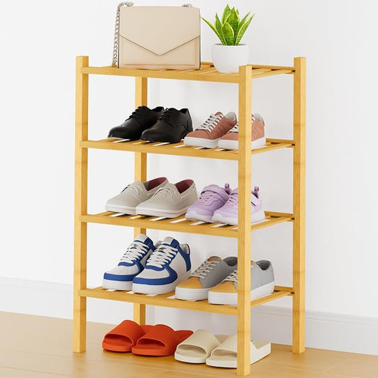 Smiry Small Bamboo Shoe Rack, 4 Tier Free Standing Wooden Shoe Organizer, Stackable Wood Shoe Storage Shelf for Closet, Entryway, 14 Vertical Slats, 2+2 Stack Heavy-Duty Legs, 17.3"x11"x26", Natural