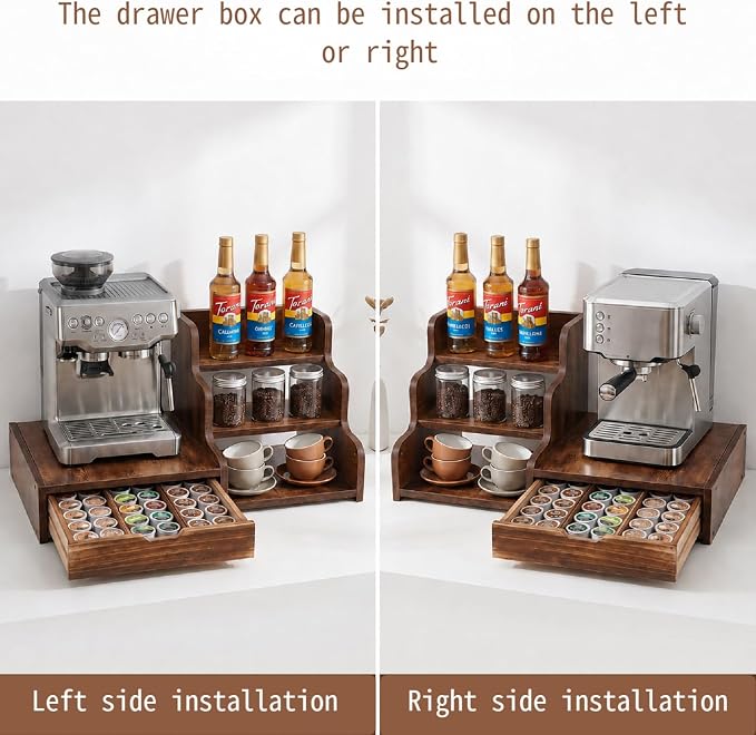 Wood Coffee Bar Organizer Station with Syrup Rack and Capsule Drawer, 3 Tier Coffee Syrup Organizer for Countertop, Coffee Station Organizer with Storage for Coffee Pods, Espresso Machine Stand Shelf