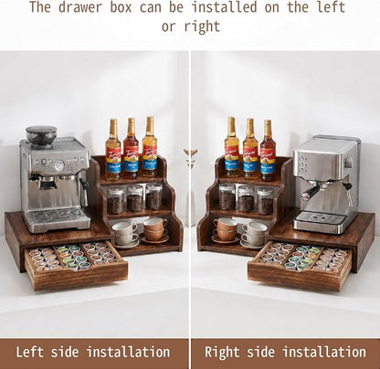 Wood Coffee Bar Organizer Station with Syrup Rack and Capsule Drawer, 3 Tier Coffee Syrup Organizer for Countertop, Coffee Station Organizer with Storage for Coffee Pods, Espresso Machine Stand Shelf