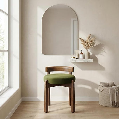 HNY Vintage Green Velvet Makeup Stool Set of 2 Compact Round Ottoman Chairs with Wooden Legs, Perfect for Small Spaces Like Entryway, Cloakroom & Boudoir