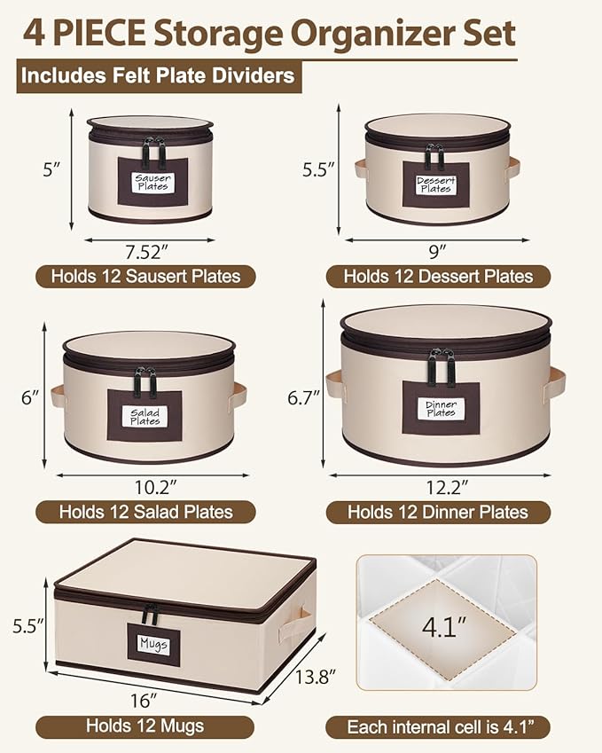 punemi Fine China Storage Containers With Dividers, Quilted Dish Storage Protectors With Hard Shell, Stackable Mug Storage Organizer For Moving & Dinnerware Plate Packing Supplies, Beige, 5-Piece Set
