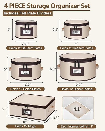 punemi Fine China Storage Containers With Dividers, Quilted Dish Storage Protectors With Hard Shell, Stackable Mug Storage Organizer For Moving & Dinnerware Plate Packing Supplies, Beige, 5-Piece Set