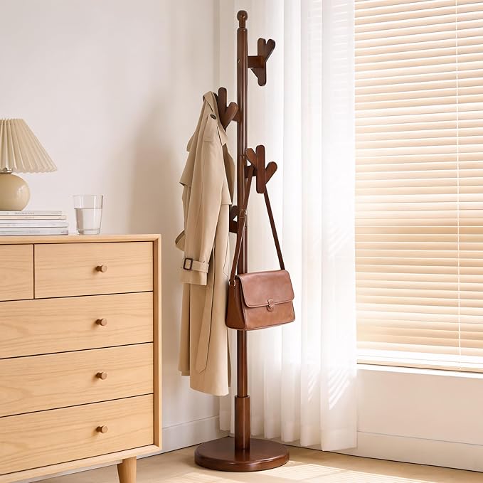 Wooden Coat Rack Freestanding, Creative Antler Hooks, Rubberwood Coat Rack Stand with Stable Round Base, Heavy Duty Coat Hanger Hall Tree for Entryway,Bedroom,Apartment/Jacket, Hat, Bag