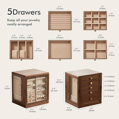 Black Walnut Wooden Jewelry Box - 360° Rotating Jewelry Organizer for Women with 5 Drawers for Rings,Necklaces,Earrings and Bracelets -Large Storage Case - Christmas Gift idea