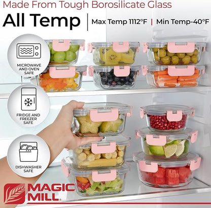 Magic Mill Premium Borosilicate Glass Food Storage Containers with lids Set | 24pc Sets with 12 Bowls & 12 Airtight Locking Lids for Lunch & Meal Prep, Safe for Oven, Freezer, Dishwasher, BPA-Free