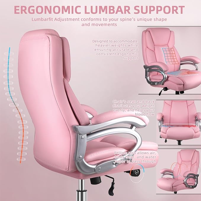 VITESSE 500lbs Heavy Duty Office Chair for Low Back Pain Relief, Big and Tall Office Chair with Ergonomic Lumbar Support, High Back Executive Chair with Quiet Rubber Wheel（Pink）