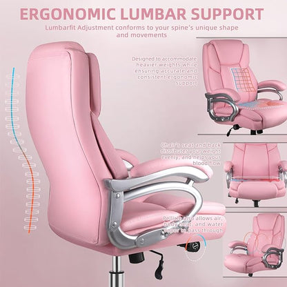 VITESSE 500lbs Heavy Duty Office Chair for Low Back Pain Relief, Big and Tall Office Chair with Ergonomic Lumbar Support, High Back Executive Chair with Quiet Rubber Wheel（Pink）