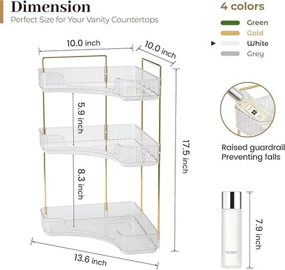 Aveniee Corner Bathroom Counter Organizer, Bathroom Countertop Shelf Makeup Storage, Clear Perfume Tray Holder (3 Tiers, White)