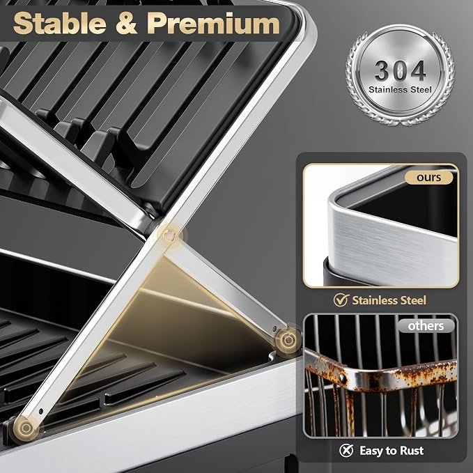 Dish Drying Rack, 2-Tier Stainless Steel Dish Rack with X-Frame and Drainage Spout, Large Collapsible Dish Drainer for Kitchen Counter, Dish Strainer with Utensil and Wine Glass Holder, Black