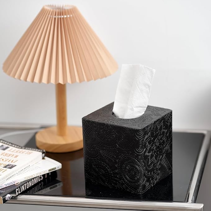 Square Tissue Box Cover Decorative,Napkin Dispenser,Facial Paper Holder for Bathroom Vanity Countertop,Bedroom Dresser,Night Stand, Desk, Office and End Table,Boho Flowers Black