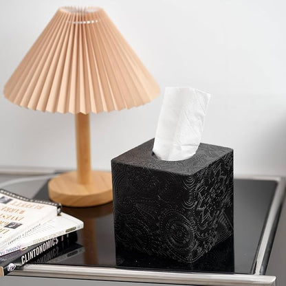 Square Tissue Box Cover Decorative,Napkin Dispenser,Facial Paper Holder for Bathroom Vanity Countertop,Bedroom Dresser,Night Stand, Desk, Office and End Table,Boho Flowers Black