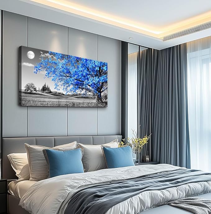 wall art for living room Simple Life Blue moon tree landscape Abstract painting office Wall Decor 20" x 40" single Pieces Canvas Prints Ready to Hang for Home Decoration Black and white Works of art