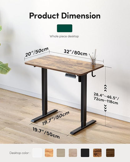 FEZIBO One-Piece Standing Desk Adjustable Height Stand up Home Office Desk, 32x20 Inch Electric Standing Computer Desk, with 4 Memory Presets, Headphone Hook, Rustic Brown