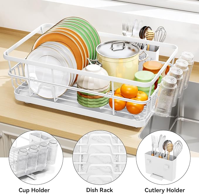 TOOLF Dish Drying Rack, Dish Racks for Kitchen Counter, Stainless Steel Sink Organization and Storage Essentials with Cutlery Holder, Dish Drainer, Home and Appartment Decor, 12.4''W x 16.5''L, White