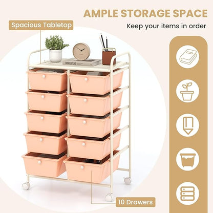 LDAILY 10 Drawer Rolling Cart, Storage Cart Organizer on Wheels, Drawer Cart with Metal Frame & Large Storage Capacity, Rolling Cart with Drawers for Living Room Classroom, Office