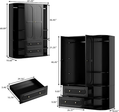 69” Fluted Large Capacity Storage Wardrobe Armoire, Wardrobe Armoire Wooden Closet with 2 Doors, 3 Hanging Rod Shelves, 2 Drawers & 6 Display Shelves, Bedroom Clothing Storage Cabinet Black