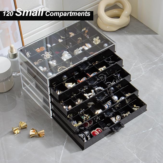 YUFONG Earring Storage Box Organizer, Acrylic Jewelry Storage Box Holder 5 Drawers Transparent Jewelry Display Stand with 120 Small Compartments Gift Boxes for Women Girls (Black)