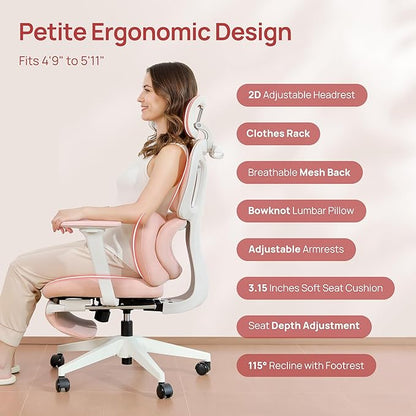 CabLady S1 Petite Ergonomic Office Chair Design with Detachable Pillow Lumbar Cushion, Coat Hanger, 2D Headrest & PU Armrests, Cloud Seat & Footrest Cute Desk Chair for Women Girls