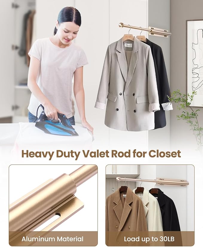 Supforce 2 PACK Valet Rod for Closet Pull Out, Retractable Slide Out Valet Rod Closet Organization, 12" Aluminum Valet Clothing Hanger Rods Perfect for Suits, Freshly Pressed Clothes, Gold