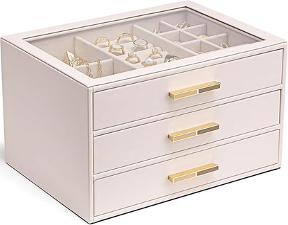 Vlando Jewelry Box for Women, Glass Lid Jewelry Organizer with 3 Drawers for Necklaces Rings Earrings Bracelets - Light Pink