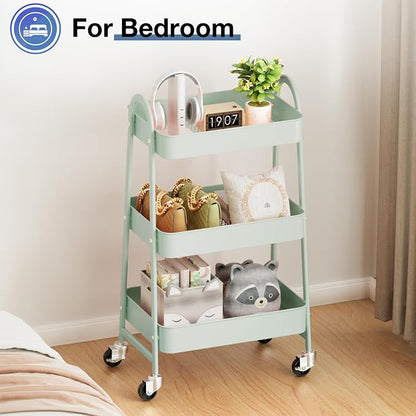 OLIXIS Metal 3 Tiers Utility Rolling Cart with Lockable Caster Wheels, Mobile Storage Shelf, Organization for Livingroom, Bathroom & Narrow Places, Pale Green